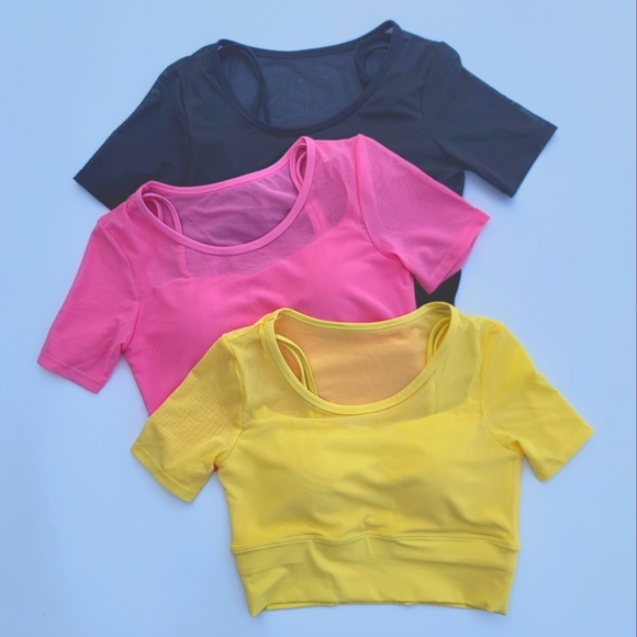 Pedigree Double Layered Mesh Crop Tee with Sports Bra Liner | Yellow - Picture 9 of 10